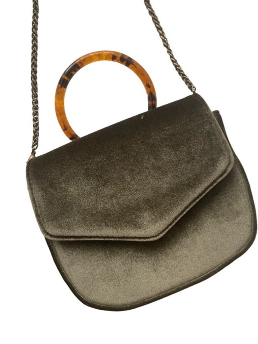 Anthropologie Simone Velvet Lucite Handle Crossbody Bag Olive Green